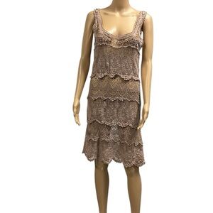 Solitaire Ravi Khosla Tan Lace Boho Crochet Knee Length Coverup Dress Womens S